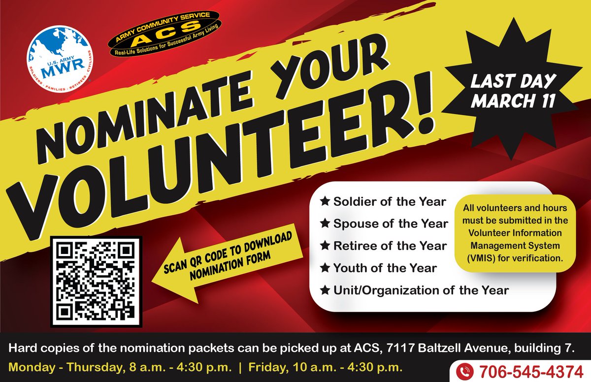 ✨ Shine a spotlight on our awesome Fort Moore volunteers! ✨ Nominate volunteers for recognition & reward them for all they do. 🏆 Soldier of the Year 🏆 Spouse of the Year 🏆 Retiree of the Year 🏆 Youth of the Year 🏆 Unit / Organization of the Year @FMGarrisonCdr