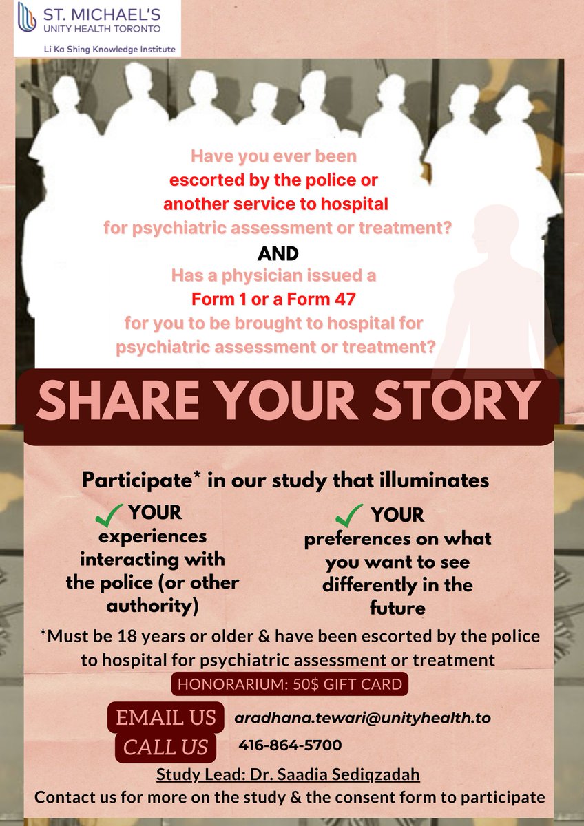 **UHT and UofT REB-approved tweets to recruit participants** What is it like to be brought to hospital for psychiatric assessment by the police, as a result of a mental health form in Ontario (e.g., a form 1)? Our study aims to represent people's experiences (a 🧵) /1