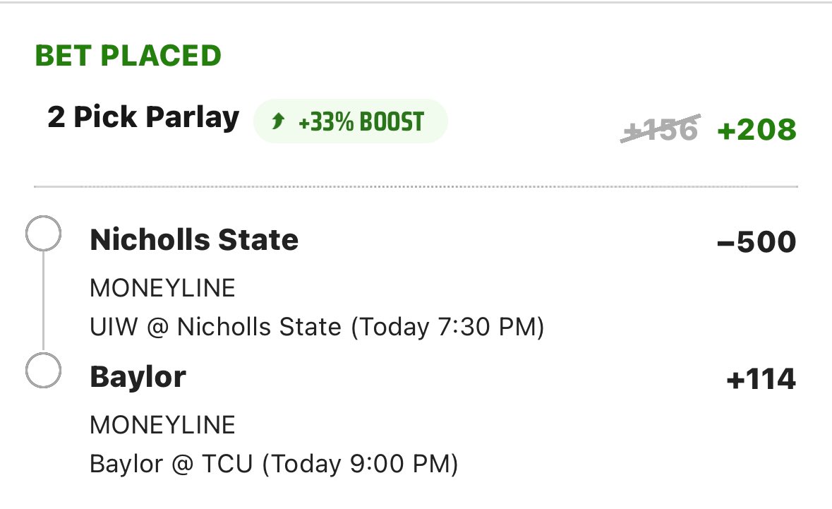 #DraftkingsSportsbook 33% Any Sport Parlay Boost using the @gameday_guru model and Circa as our sources of truth

 Gameday Guru Prices:

Nicholls St: 87% | -669
Baylor: 52% | -108

GDG FV: 45.24% | +121
Bet Odds: +208
GDG EV: 39.4%

Circa Prices: 

Nicholls St: 81.8% | -450