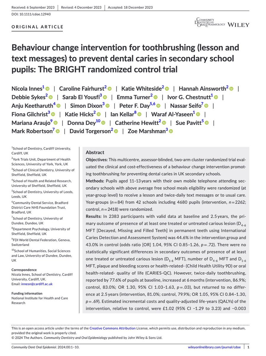 This is a really important study. Why?

It is the 1st multi centre RCT of a behaviour change intervention promoting toothbrushing for preventing tooth decay in school children which includes clinical and cost-effectiveness & a child-reported outcome measure (quality of life)…