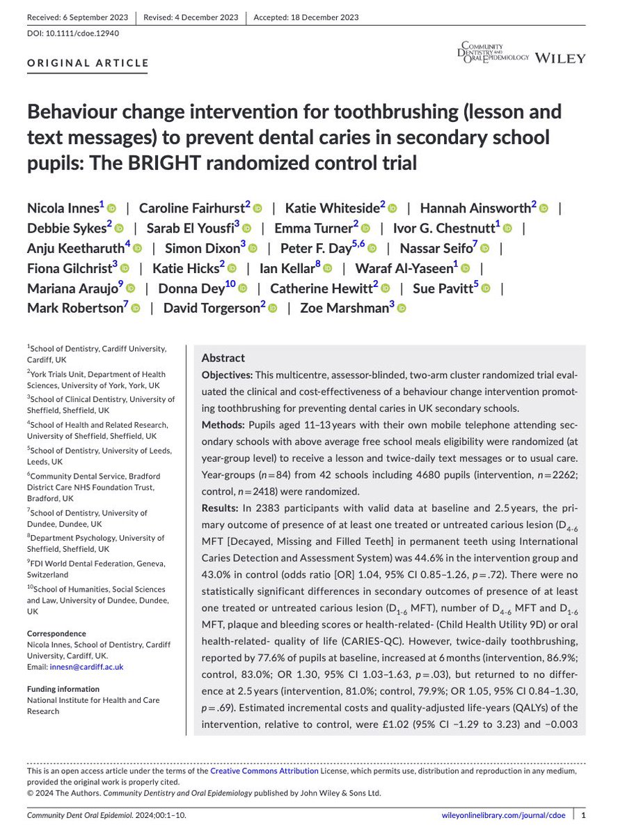 This is a really important study. Why?

It is the 1st multi centre RCT of a behaviour change intervention promoting toothbrushing for preventing tooth decay in school children which includes clinical and cost-effectiveness &amp; a child-reported outcome measure (quality of life)