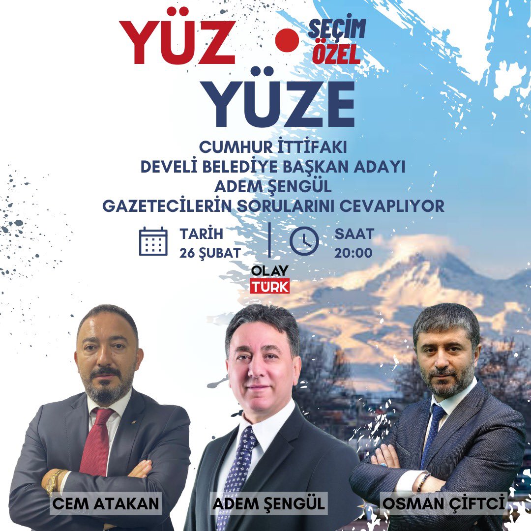 osmanciftci's tweet photo. Saat 20:00’de yayınlanacak olan Seçim Özel Yüz Yüze Programı’nın konuğu; Cumhur İttifakı Develi Belediye Başkan Adayı @Ademsengulak https://t.co/GDNAsw0ZBk