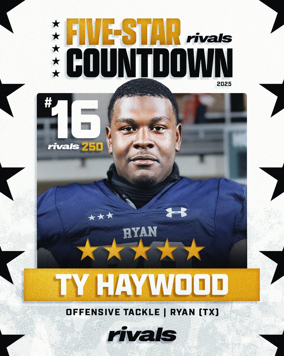 @SolomonThomas2x @adamgorney @RivalsFriedman @JohnGarcia_Jr @MarshallRivals @Osceola_Rivals @HarlemBerry25 @GregSmithRivals @LSURivals 🏈2025 5🌟COUNTDOWN🏈 At No. 16 is NEW five-star OT Ty Haywood (@TyHaywood_) “The new five-star offensive tackle from Denton (Texas) Ryan is big, tough and mean and he’s also not physically maxed out at 6-foot-6 and 280 pounds which makes us like him even more.” - @adamgorney…