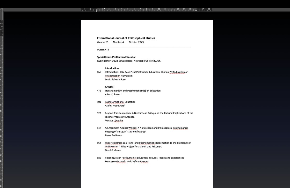 Delighted to announce new special issue on:

 POSTHUMAN EDUCATION 

edited by DE Rose from <a href="/NewcastlePhilo1/">Newcastle University, Philosophy</a>  

Read his excellent introduction here:

tandfonline.com/doi/full/10.10…

All articles available OA on a rolling basis over the coming months!