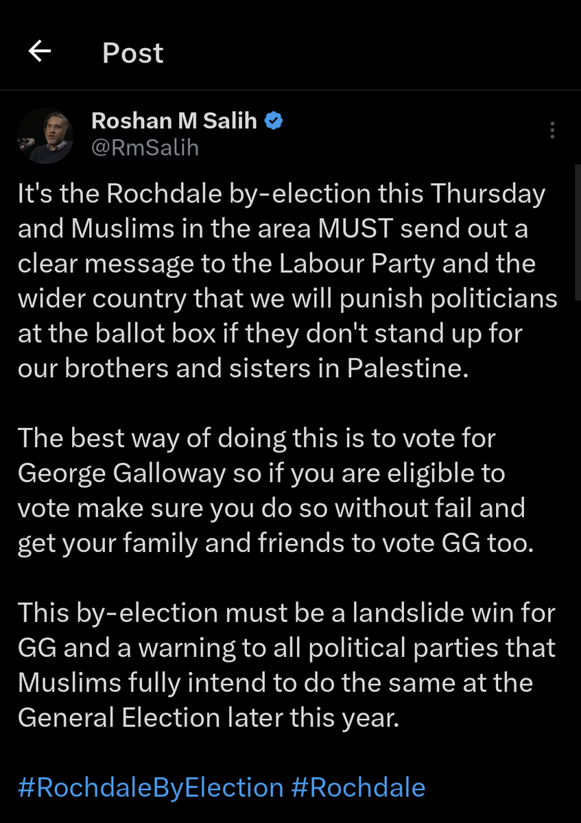 George Galloway is set to be the litmus test in Rochdale for whether the campaign for a relgio-vote block has succeeded. What does this mean for liberalism and democracy in the UK? I wrote for the Express this Sunday to unpack: express.co.uk/comment/expres…