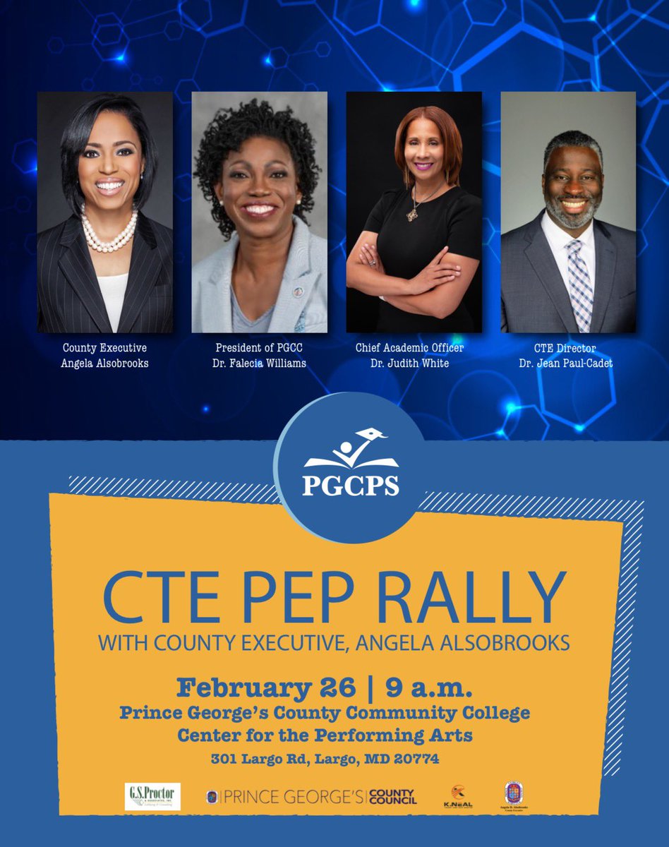 MEET US AT PRINCE GEORGE’S COMMUNITY COLLEGE TODAY 9:00am-2pm FOR THE PGCPS #CTE RALLY AND EXPO WITH <a href="/CEXAlsobrooks/">County Executive Angela Alsobrooks</a> TO EXPERIENCE ALL THINGS @PGCPS #CAREERANDTECHNICALEDUCATION #CTE
.
<a href="/DrJeanPaulCadet/">Dr. Jean-Paul Cadet</a> <a href="/pgccnews/">Prince George's CC</a> @pgcoc_md <a href="/actecareertech/">ACTE</a>