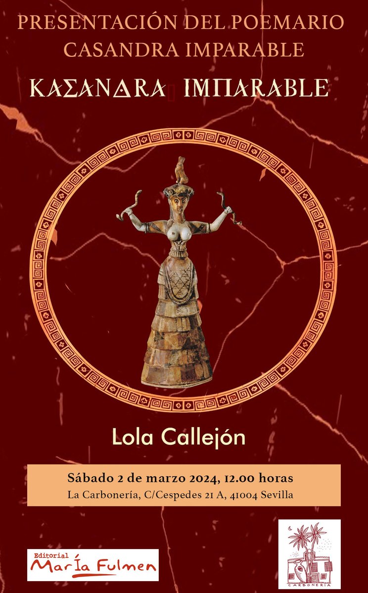 FFulmen's tweet photo. La editorial María Fulmen presenta el poemario “Casandra Imparable” de Lola Callejón el sábado 2 de marzo en la Carbonería a las 12.00 horas. https://t.co/rJZRqUjW4s