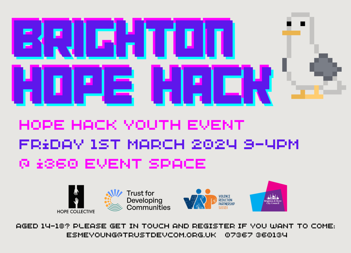 Our Brighton & Hove Hope Hack is THIS FRIDAY! TDC are proud to be partnering with @HopeCollective2 and others to bring this event to the city. If you know any 14-18 year olds who are keen to join us on the day, please contact esmeyoung@trustdevcom.org.uk to book on!