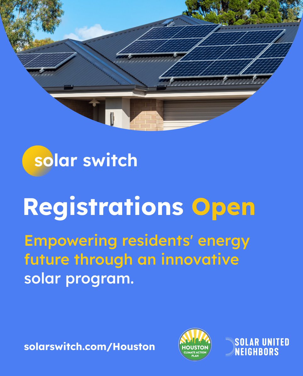 📢 #SolarSwitch registration is now open! The City of Houston has partnered with the nonprofit Solar United Neighbors and its bulk purchase solar installation program. The previous round of the Solar Switch program provided an average discount of 21% on solar and battery storage