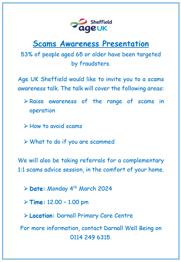 Would you like to find out how to avoid falling victim to a scam? Then come and join our Scams Awareness session from @ageuksheffield on Monday 4th March! Contact us on 0114 249 6315 to find out more. #Collaboration