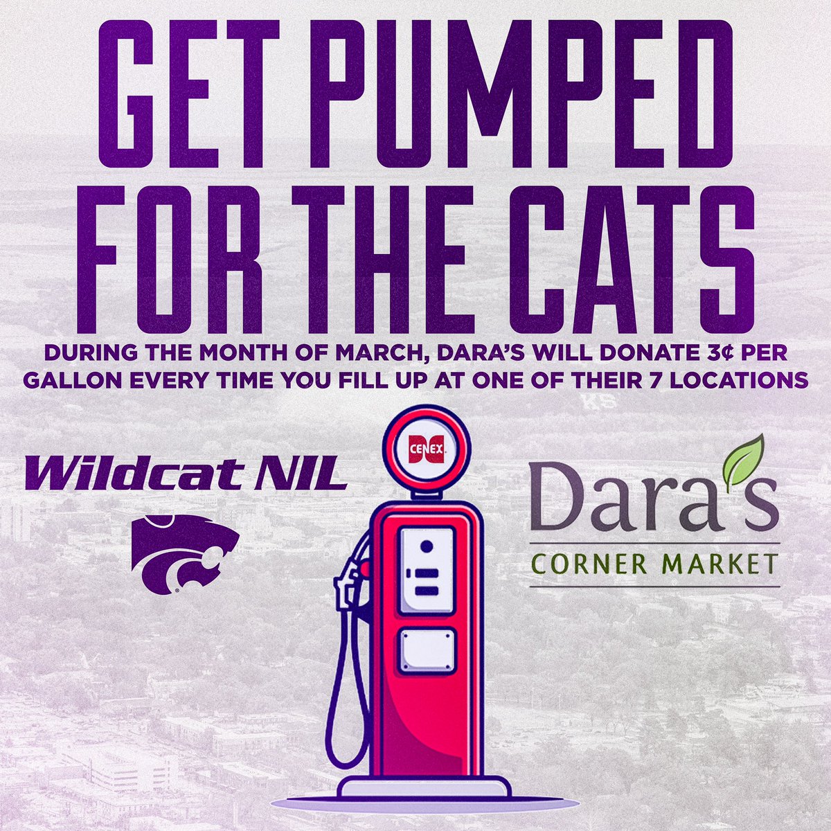 WildcatNIL's tweet photo. In case you missed it, during the month of March, Dara’s will be donating 3 cents to Wildcat NIL for every gallon of fuel pumped at their 7 locations! 

Whether you live in Manhattan or are stopping through to watch the Cats, be sure to fuel up at Dara’s to support our student-athletes!

#WildcatNIL x #Daras x #GetPumpedForTheCats