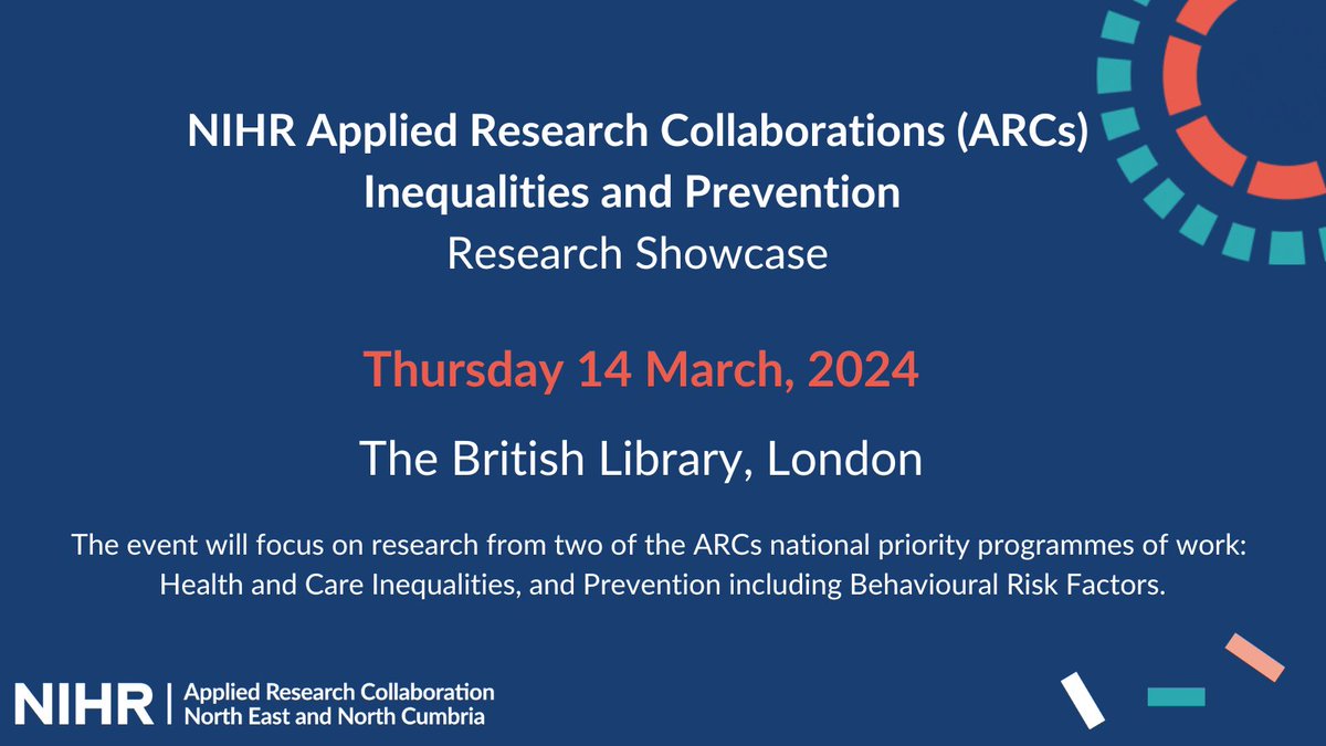 NIHR ARC North East and North Cumbria (@nihr_arc_nenc) on Twitter photo Just over two weeks to go until the national
<a href="/NIHRARCs/">NIHR Applied Research Collaborations (ARCs)</a> Health Inequalities and Prevention Research Showcase on Thurs 14 March, in London.
Registration closes on 27 Feb.
Visit our website to see what's on the packed agenda, and secure your place ⬇️
tinyurl.com/ARCevent24 Just over two weeks to go until the national
<a href="/NIHRARCs/">NIHR Applied Research Collaborations (ARCs)</a> Health Inequalities and Prevention Research Showcase on Thurs 14 March, in London.
Registration closes on 27 Feb.
Visit our website to see what's on the packed agenda, and secure your place ⬇️
tinyurl.com/ARCevent24