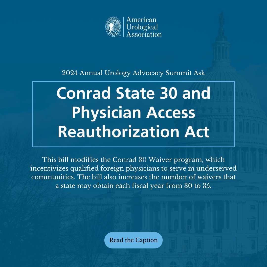 Expanding the urology workforce requires supplying trained urologists now. We support Conrad State 30 and Physician Access Reauthorization Act to enable qualified foreign urologists to practice in underserved communities by expanding state waivers #AUASummit24