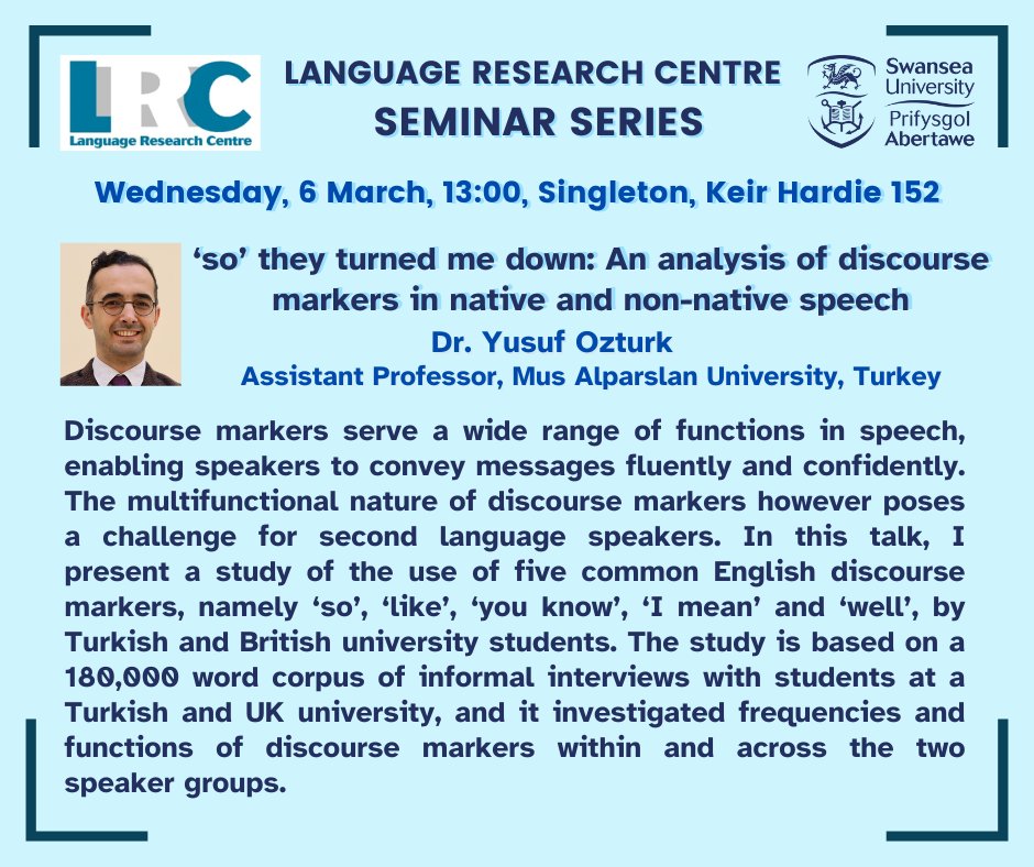 Join us for the 2024 Swansea LRC talk by Dr. Yusuf Ozturk, Assistant Professor, Mus Alparslan University, Turkey!      

Please see details in the poster.