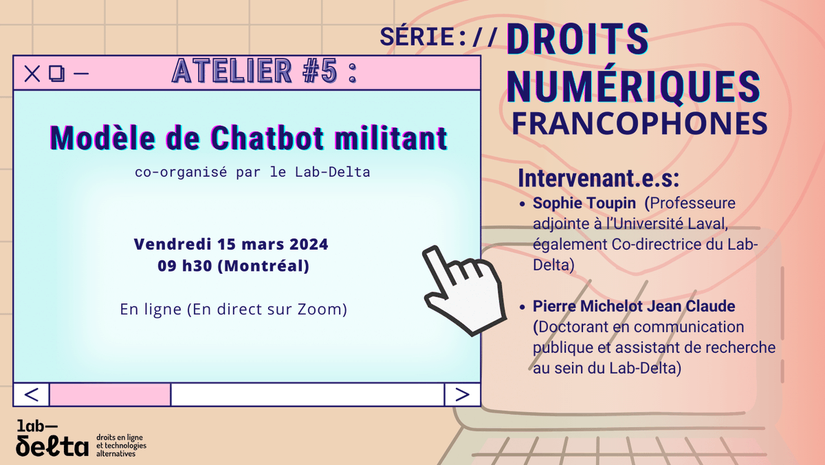 [Atelier] 
Nous organisons un atelier en ligne sur les chatbots militant le 15 mars à 9h30 (Montréal)

L’objectif consiste à promouvoir une plus grande accessibilité des pratiques de création d’agents conversationnels militants 🤖

➡️Inscriptions ici : framaforms.org/5e-atelier-sur…