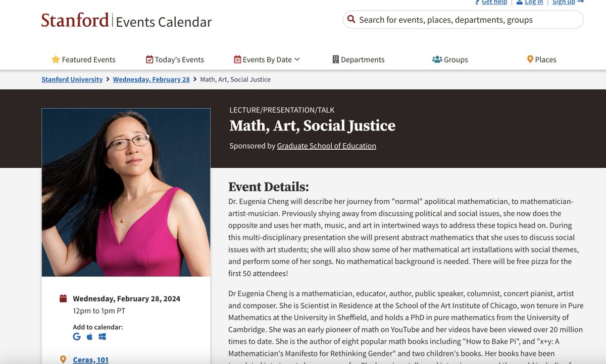 I am so excited - on Wednesday @DrEugeniaCheng is presenting @Stanford. The @youcubed event is free and open to all. if you are local, please come: events.stanford.edu/event/math_art…