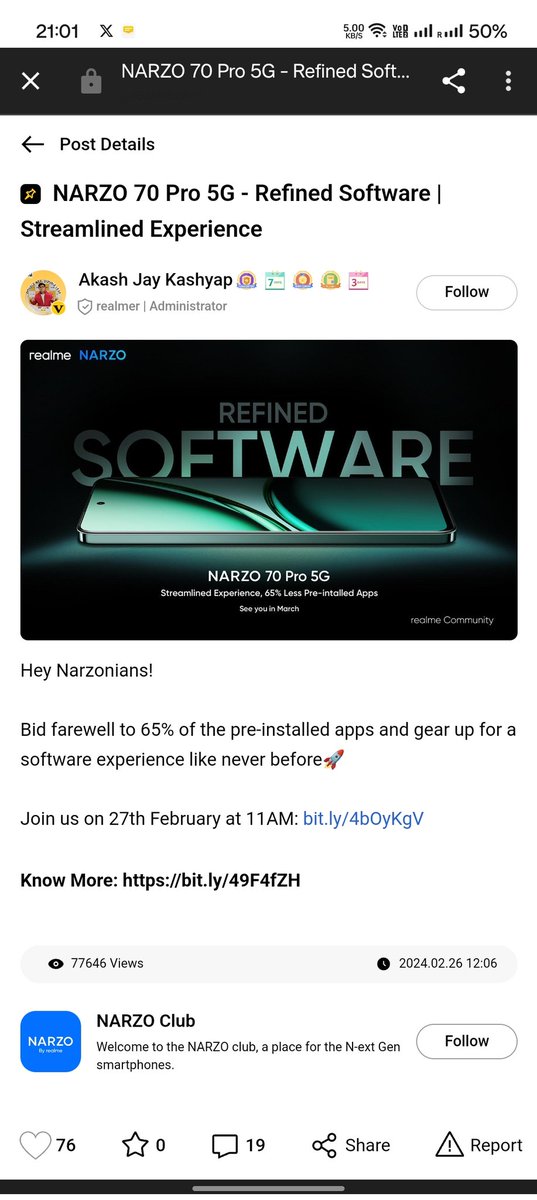 Tech_Masala_'s tweet image. Realme is coming to senses. With the launch of #Narzo70Pro the company will be reducing 65% of pre-installed apps.
@AbhishekMarkets @yabhishekhd @saaaanjjjuuu @IndiCoder18