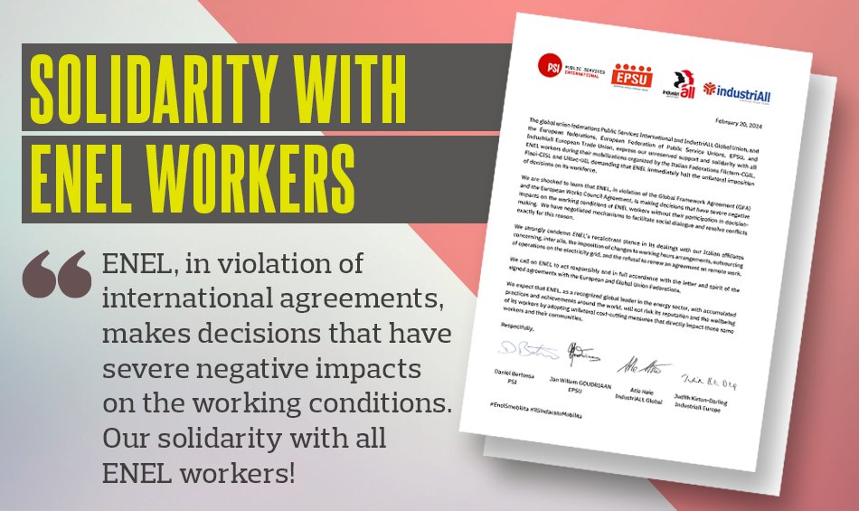 European &amp; global unions representing millions of workers say that <a href="/EnelGroup/">Enel Group</a> violates international agreements.

We urge the employer to respect workers' rights.

✊🏾Ahead of the strike on 8 March, our full #solidarity to <a href="/filctemcgil/">Filctem Nazionale</a>, <a href="/flaeicisl/">Flaei Cisl nazionale</a> &amp; <a href="/UILTECNAZIONALE/">UILTEC</a>.