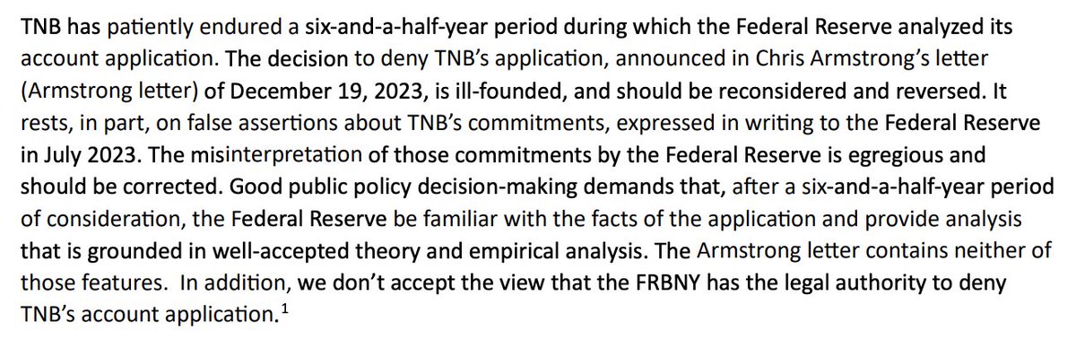🚨NEWS: After 6.5 years, the Fed denied TNB's master account application. TNB blasts the Fed👇 &amp; demands correction of misinformation about TNB &amp; its business plan. Quoting <a href="/iampaulgrewal/">paulgrewal.eth</a> in a different context: "Biting my tongue so hard it's bleeding."

tnbusa.com/wp-content/upl…