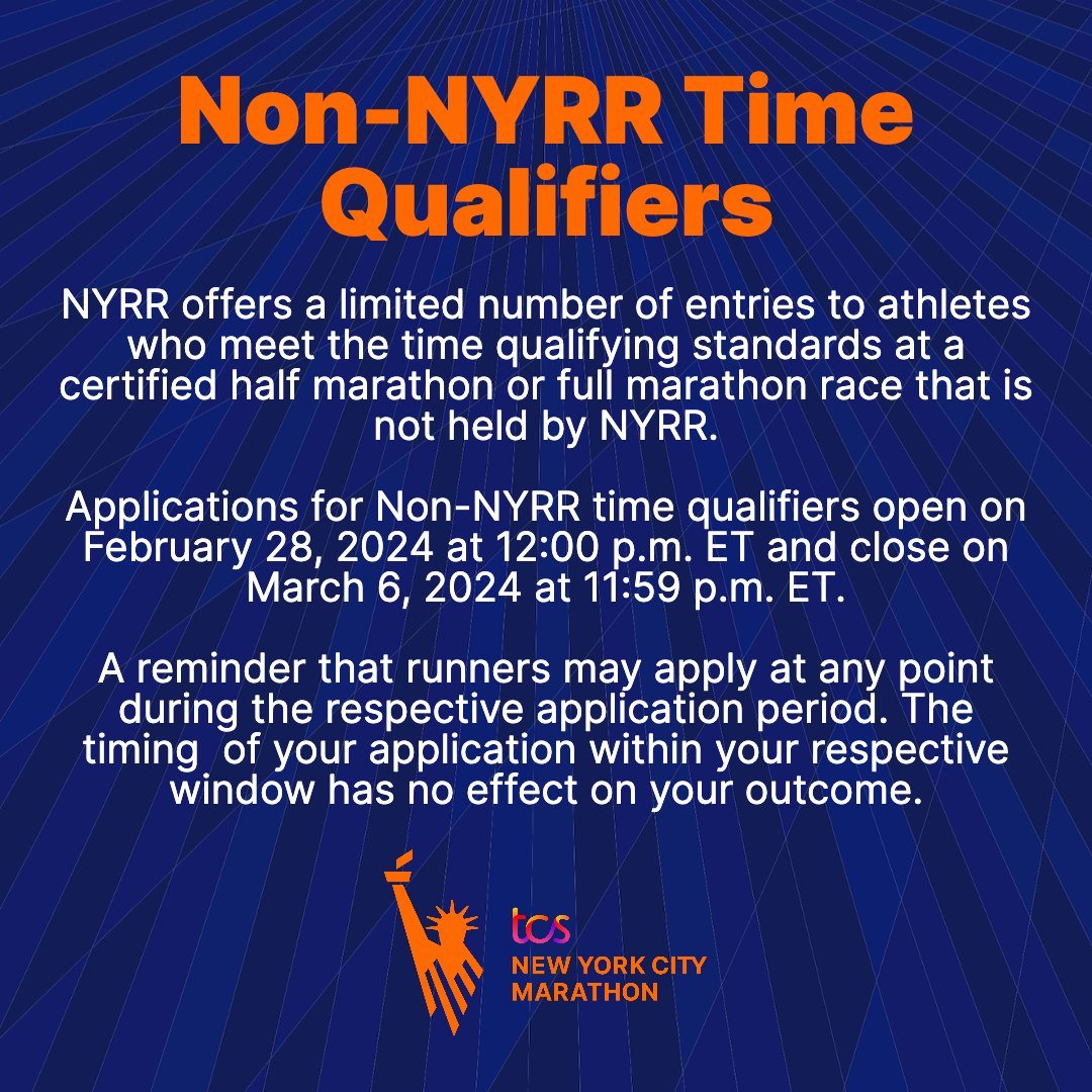 nycmarathon's tweet photo. Ready to apply for the 2024 #TCSNYCMarathon drawing? 🥳
 
Starting Wednesday, February 28, the application period begins for the drawing and  Non-NYRR time qualifiers! Learn more and apply here: https://t.co/m5t6hdMFDl https://t.co/1PF4ZEHOk1