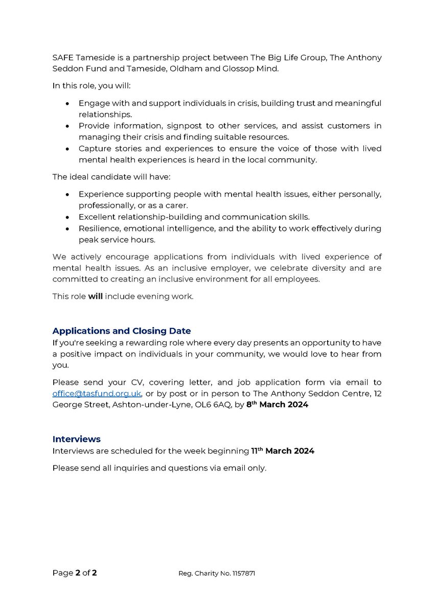 tasfund's tweet photo. π Hiring: Peer Support Workers for SAFE Tameside! π
Seeking passionate individuals for two part-time roles.
Make a difference in #mentalhealth support.
Apply now: https://t.co/ASaFG4pXwC
π
Deadline: 8 Mar.
π
Interviews: 11 Mar week.
#MentalHealthJobs #TASFund https://t.co/gz98kMM9qJ