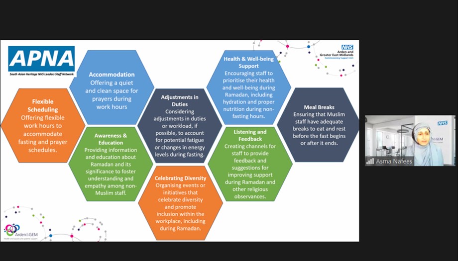 Examples from @AsmaNafees82 @ApnaNhs on how to support Muslim staff during #Ramadan. ✅Flexible hours ✅A quiet place to prayer ✅Adjustments to duties ✅Wellbeing support ✅Meal breaks ✅Awareness raising ✅Celebrate diversity ✅Listening and feedback