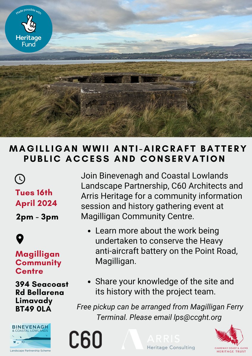 Did you know that thanks to @HeritageFundNI work is underway to conserve the WWII Heavy Anti-aircraft battery at Magilligan? Come along to hear about the project and to share any knowledge you have of the site. 📅Tues 16 April 2-3pm 📍Magilligan Community Cente