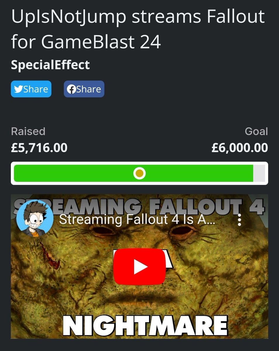 UpIsNotJump's tweet photo. Almost £6k raised for @SpecialEffect WOW!

Donations still open HERE: 
https://t.co/W4OxwCE987

Huge thanks to everyone who's donated so far 💙 
Fallout stream is still up on my channel in case you missed it! https://t.co/u2pnqqOvIQ
