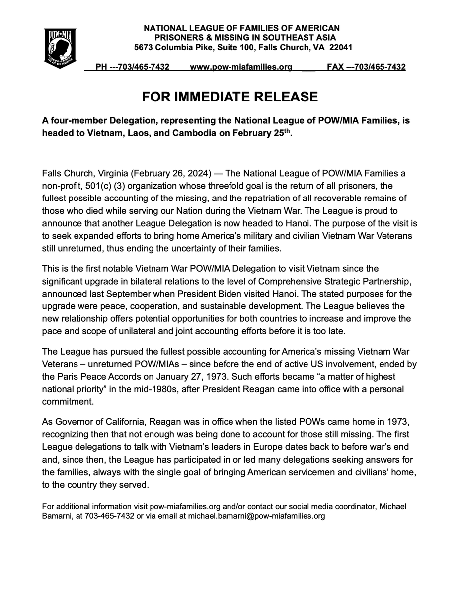 BREAKING NEWS

A four-member delegation, speaking on behalf of The National League of POW/MIA Families, has just landed in Hanoi, Vietnam.

The official media release is below.