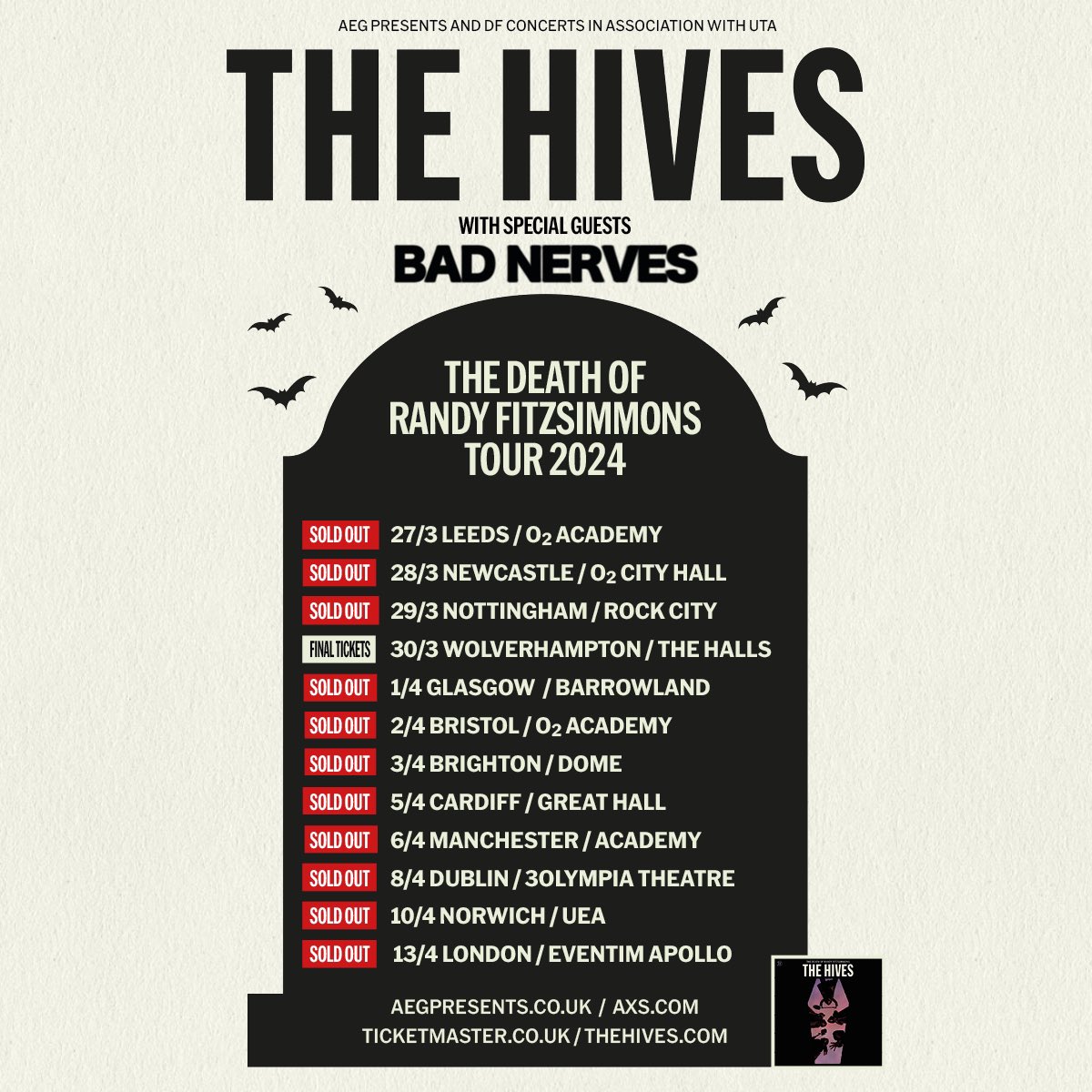 TheHives's tweet photo. We have support! Not that we need it but we have with us the most excellent Bad Nerves. T-minus 4 weeks &amp; Countdown To Shutdown begins. 

Few tickets remain for Wolverhampton (probably none by the time you read this since we promoted it on our “socials”). You shall watch. https://t.co/3HavkL6avz