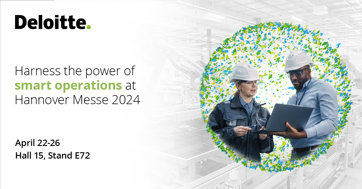 Deloitte's tweet image. From design and production to supply chains and aftermarket services, the #FutureOfManufacturing is here. Learn how Deloitte can support your organization&apos;s #smartoperations journey at #HannoverMesse. deloi.tt/3SWjCW6::
