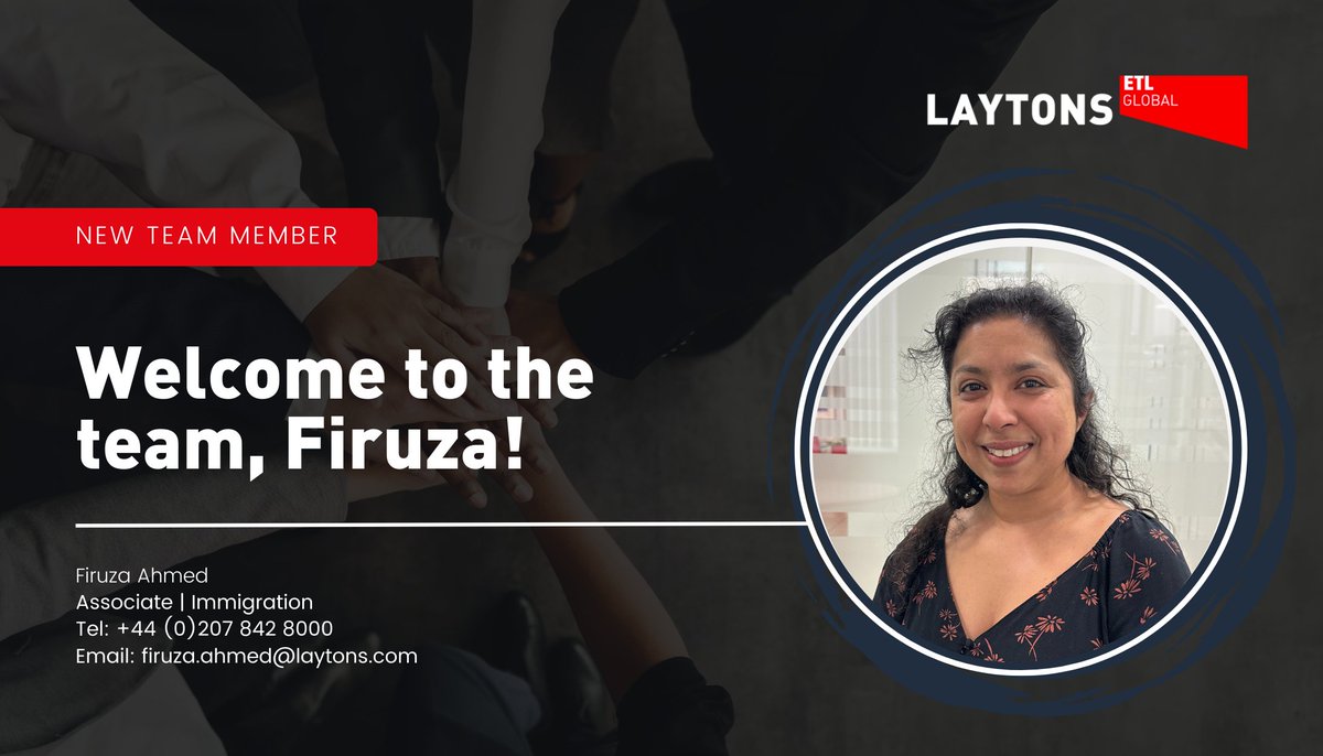 We are delighted to welcome to Firuza Ahmed to the Immigration team at Laytons ETL!

With a wealth of experience, Firuza brings invaluable expertise in advising clients on various immigration matters. 

#Londonlegal #immigrationlaw #newstarter #welcome