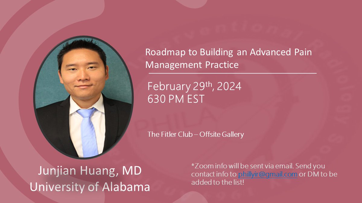 Reminder for PAIRS meeting this week!  Thursday the 29th Dr. Huang of
<a href="/uab_ir/">UAB IR</a>
will be leading a fruitful discussion on his flourishing Pain Management service line.  Come join us as we celebrate treating pain, later sunsets, and collaboration in the city of brotherly love!