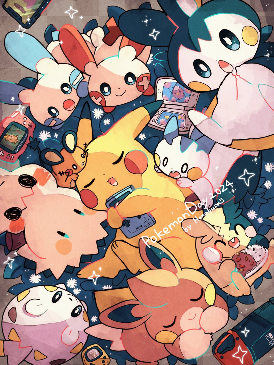 パチリス ,ピチュー ,ピカチュウ 「おもいで を だきしめて#PokémonDay #PokemonDay2024 」|花房のイラスト