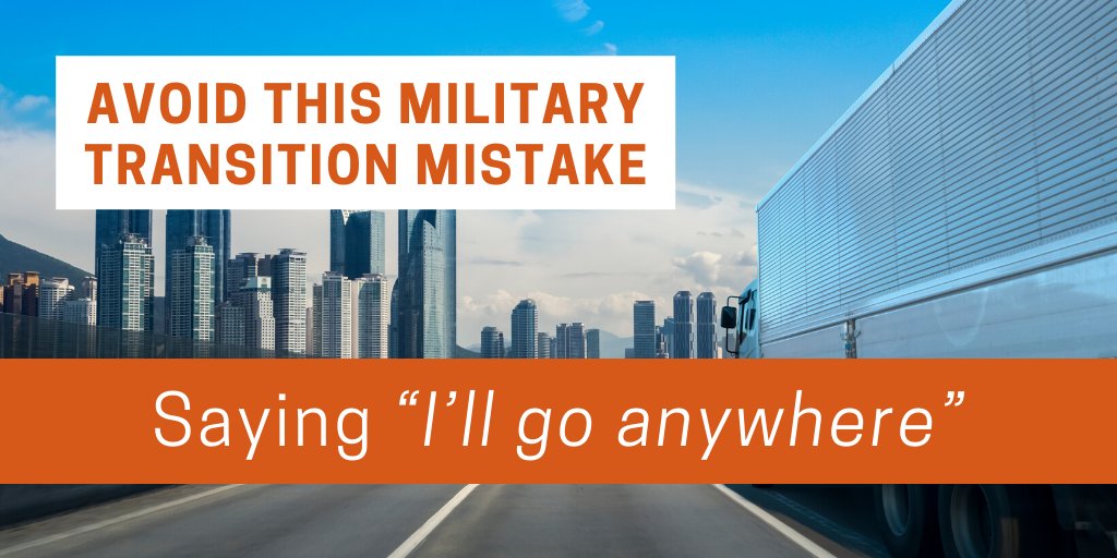 Telling an employer that you’ll relocate anywhere doesn’t make you more attractive—it can raise red flags. It's a risk for companies, so explain your reasoning from the start if you have an interest in a specific location. #transitioningmilitary #MilitaryMonday