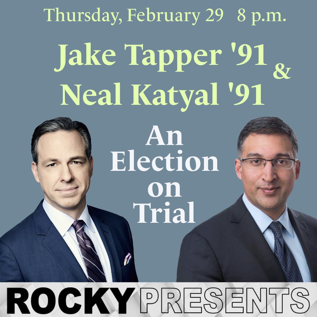 Rocky presents CNN News Anchor @jaketapper '91 and @neal_katyal '91, law professor at Georgetown University and Partner at Hogan Lovells to discuss the legal circumstances surrounding the 2024 election. Thurs, Feb 29 8 PM Livestream: dartgo.org/ElectionOnTrial @Dartmouth