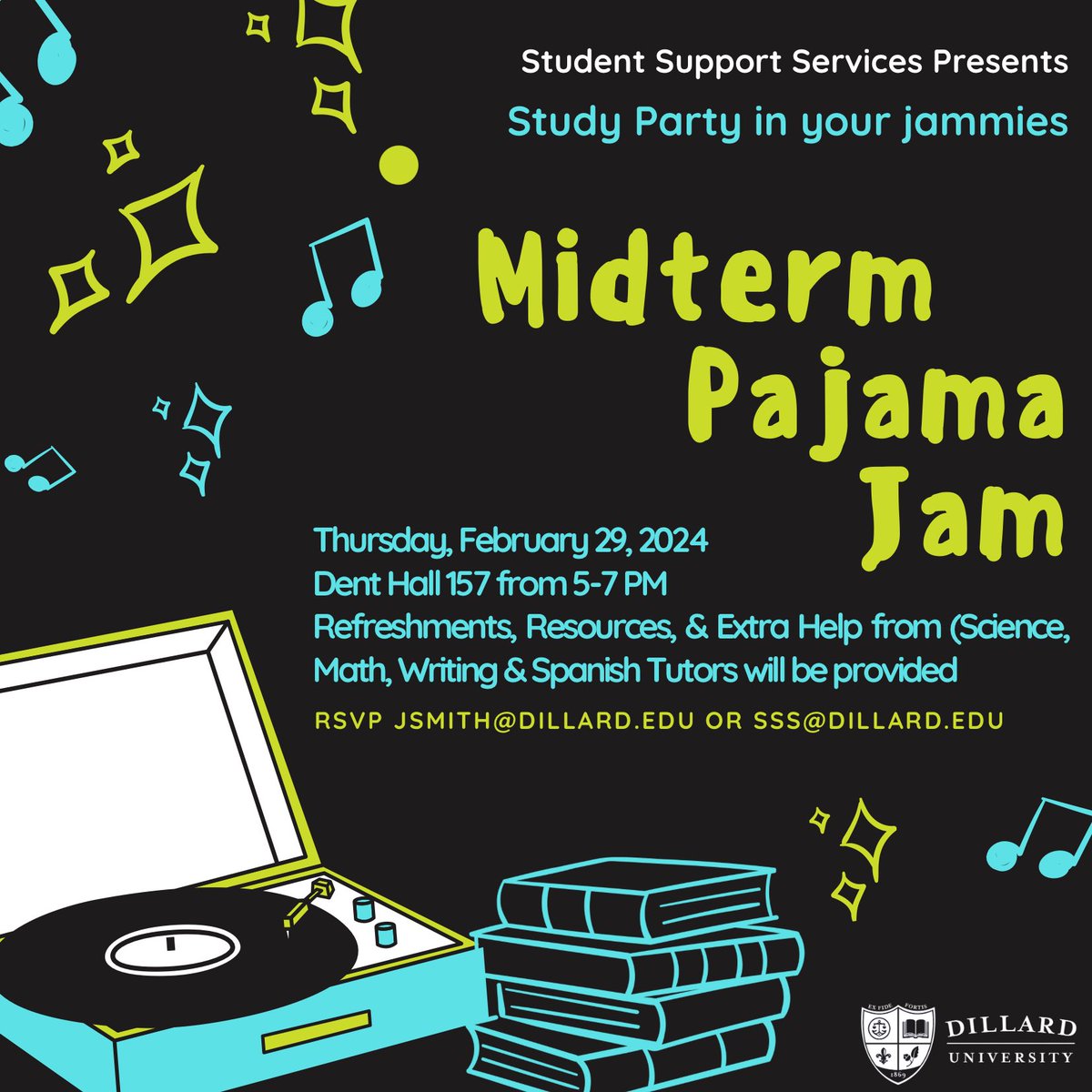 DillardStudent's tweet photo. Come study in your Jammies at our Midterm Study Party taking place this Thursday , Feb. 29, 2024 in dent hall 157 from 5-7 PM. Come get resources, refreshments &amp; on demand help from tutors in math, writing, science, &amp; spanish! RSVP to sss@dillard.edu! 💙 https://t.co/yHHWxkiQP6