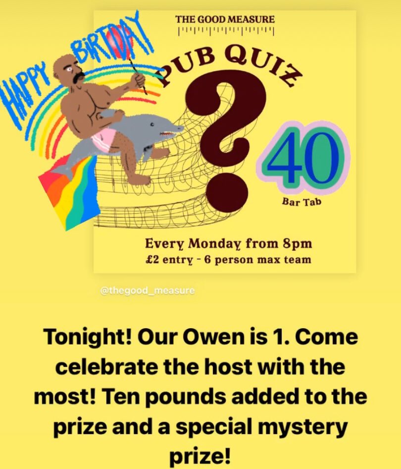 Special quiz tonight. From 8, don’t be late.