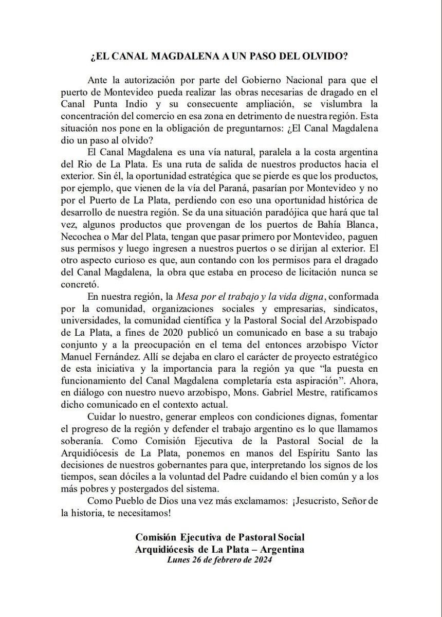 La Iglesia pide x Canal Magdalena. En tiempos en que el trabajo, la produccion y la justicia social urgen,  propendamos al bien comun y la soberania de esta bendecida Nacion. De la Pastoral Social: "ponemos en manos del espiritu santo la decision de los gobernantes" Que asi sea.