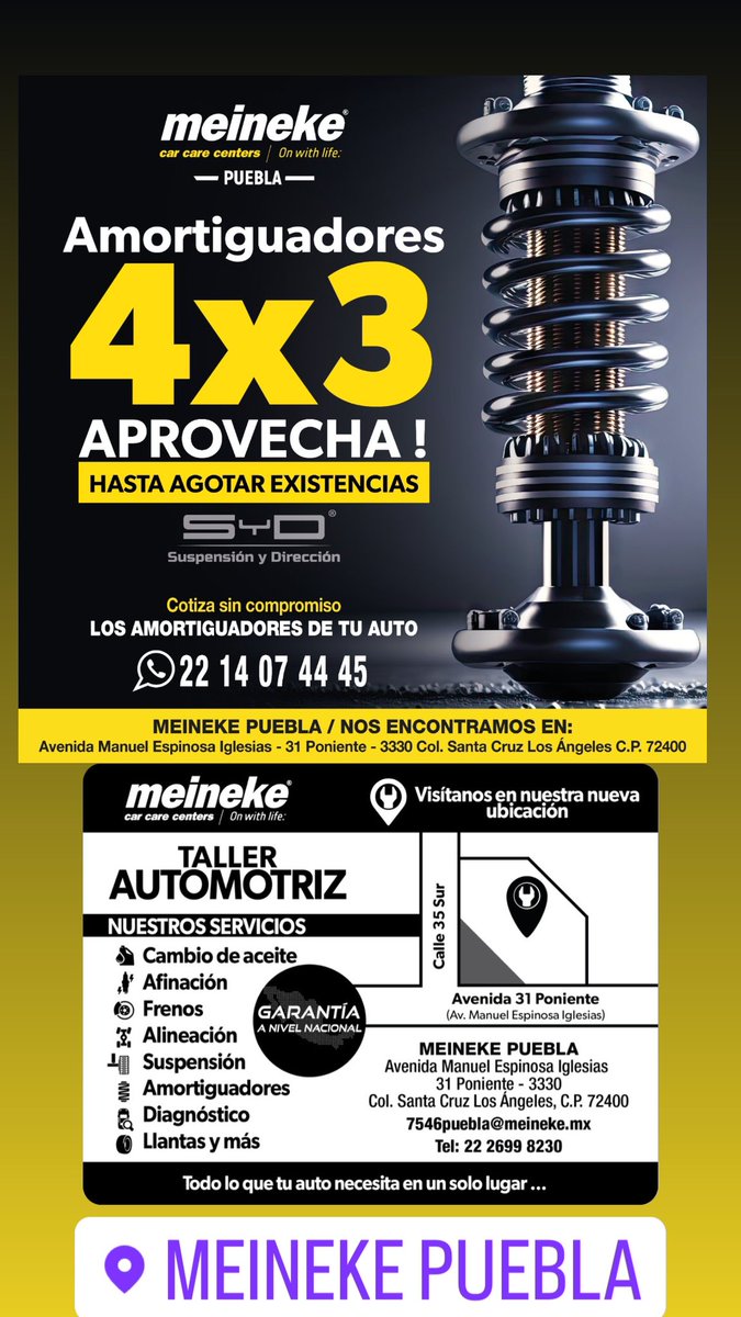 WarmaxP's tweet photo. 4 X 3 EN AMORTIGUADORES 👌
Aprovecha❗ hasta agotar existencias ❗

Cotiza sin compromiso los amortiguadores para tu auto.

👊 ¡Meineke el taller que te mereces! 👊
https://t.co/iCEJXzS46E

#MantenimientoAutomotrizPuebla #TallerPuebla   #Puebla https://t.co/46mMG4JzyS