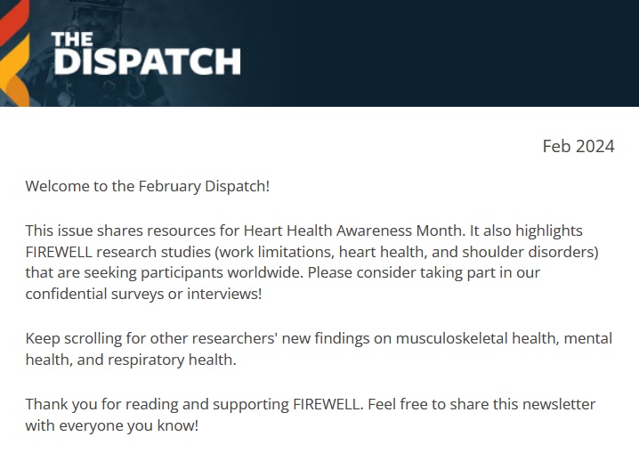 We're leaping for joy for the February #FIREWELLResearch Dispatch: - studies on work limitations, cardiac events, and shoulder disorders - other research on: musculoskeletal health, mental health, respiratory health READ: mailchi.mp/728888a2d3fd/f…