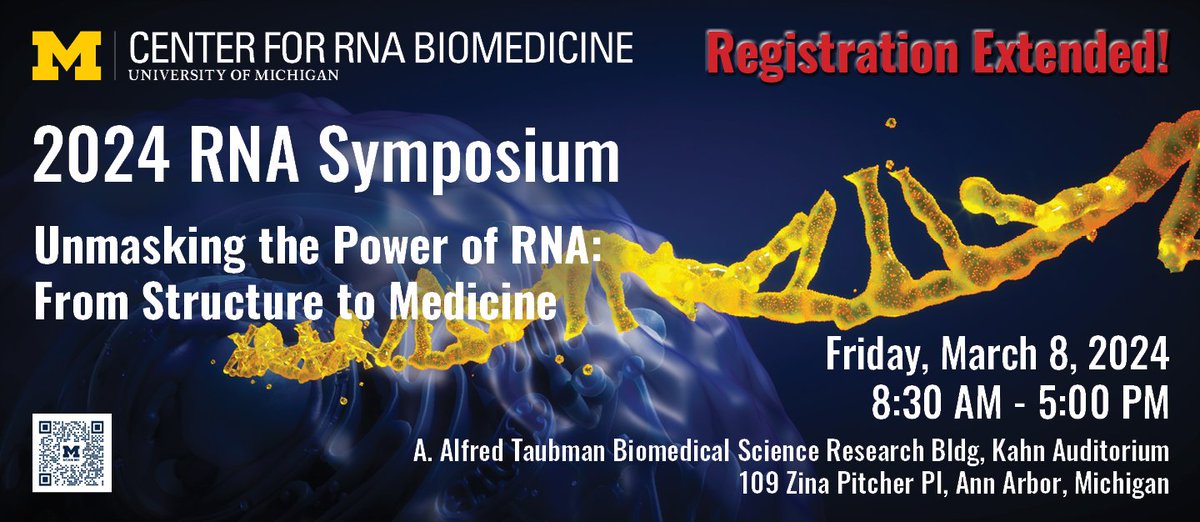 ✨BREAKING NEWS! 2024 Symposium registration extended!✨Today, Monday, February 26 is the final day to register for the 8th annual Symposium March 8. For more information and to register, visit rna.umich.edu/2024-symposium/
 #UMichRNA #UMichRNATx