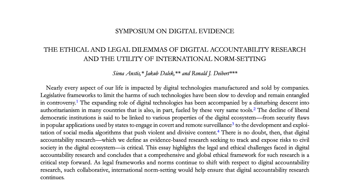 NEW article w. <a href="/citizenlab/">The Citizen Lab</a> colleagues @sienaanstis &amp; Jakub Dalek on the ethical and legal challenges of digital accountability research 

cambridge.org/core/journals/…