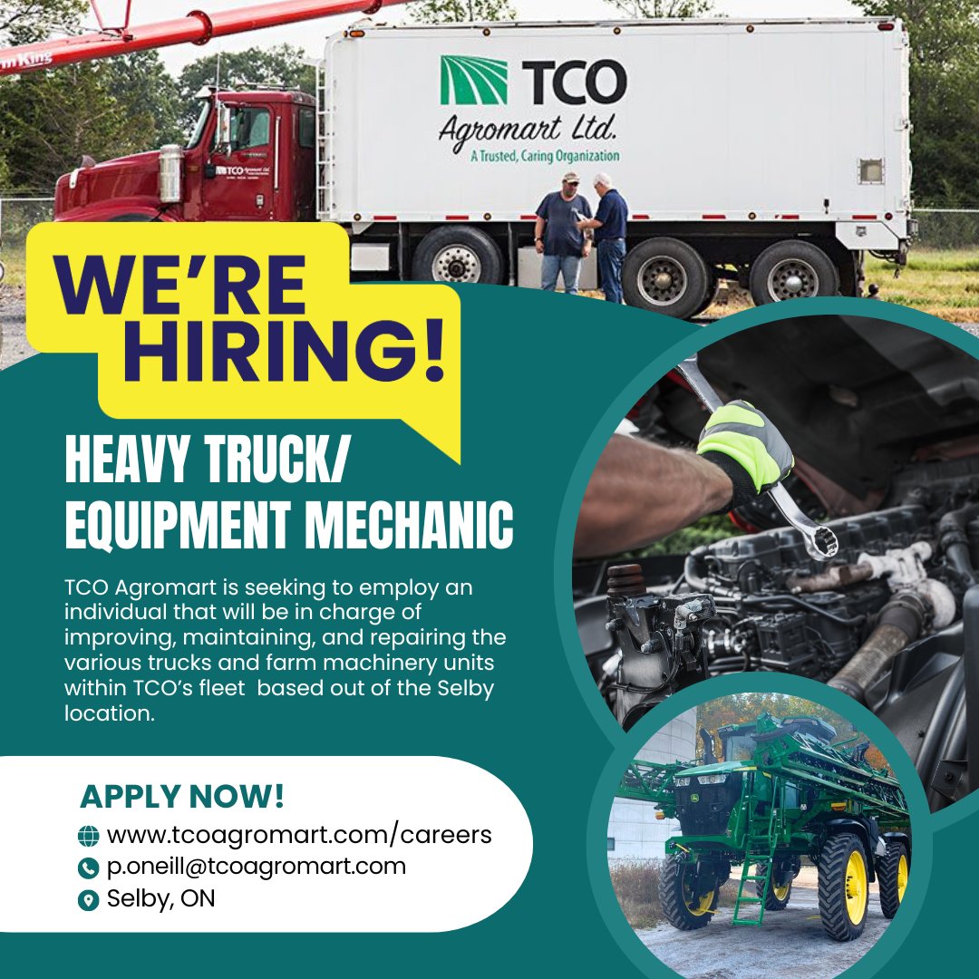 SELBY- We are looking for a Heavy Truck and Equipment Mechanic to join our team! Please check out the full job description on our website at tcoagromart.com/careers/