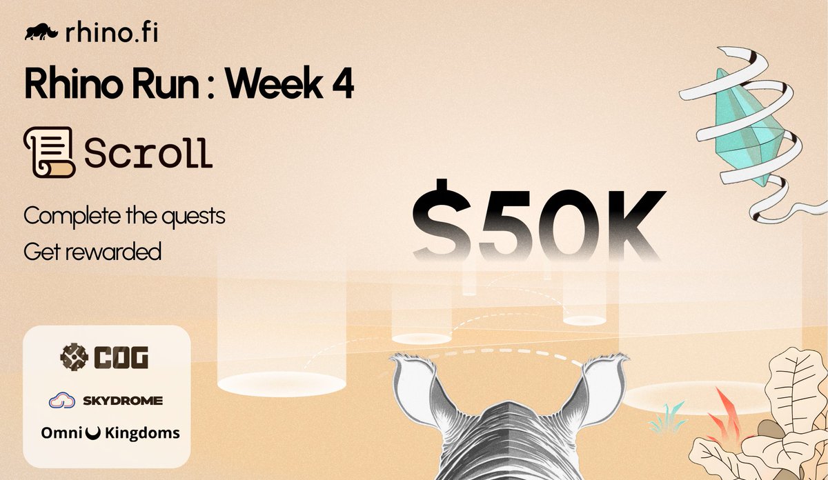 rhinofi's tweet photo. 🚨 Less Than 48 Hours Left!🚨

Complete tasks for a $50,000 bonus prize pool! 👉https://t.co/tPj5f8hG4d

First half of the #rhinorun is ending soon⏰

Bridge to @Scroll_ZKP 📜& complete tasks with our ecosystem partners to stay in the competition!

🔥 @CogFinance 
🔥 @skydrome 
🔥 @OmniKingdoms 

Time is running out! 🦏💨