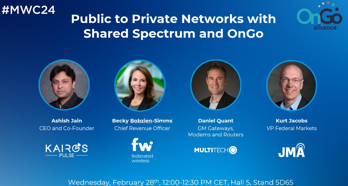 Attend 'Public to Private Networks with Shared Spectrum and OnGo' at #MWC24 on Wed, Feb. 28 at 12-12:30 CET. Hear from industry veterans how #CBRS and #5G have matured and converged into a wide set of solutions in a future of shared spectrum and infrastructure. OnGo Alliance