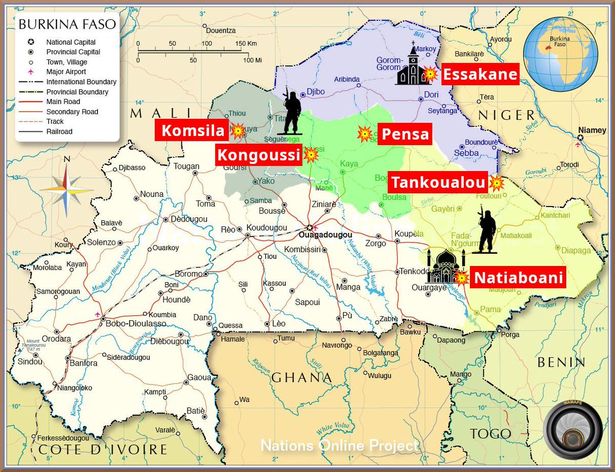 Wamaps_news's tweet photo. #Burkina 🇧🇫 | 23 au 25/02, Les terribles attaques terroristes de ces derniers jours nous montrent une fois de plus que nul peuple, nulle ethnie ou nulle religion n'est à l'abri de la barbarie de ces groupes terroristes que sont l'#EIGS et le #JNIM au Sahel.

🔸 Plusieurs campements et positions des #FDS et #VDP ont été attaqués dans les provinces de l'#Est, du #Sahel, du #Nord et du #Centre_Nord. Les vecteurs aériens ont grandement aidé à la riposte, neutralisant plusieurs dizaines de terroristes. Malheureusement, de nombreux soldats ont été tués lors de ces attaques.

🔸Des lieux de cultes ont aussi été attaqués.
Le matin du 25/02 à #Essakane, les terroristes de l'#EIGS ont attaqué une église catholique.
🔴 15 fidèles ont été tués et 2 ont été blessés.
Le Vicaire Général du Diocèse de #Dori a émis un communiqué concernant cette attaque.

Au même moment à #Natiaboani, les terroristes du #JNIM ont attaqué la mosquée. (Attaque revendiquée)
🔴 Plusieurs dizaines de fidèles ont été tués, essentiellement des hommes, et parmi eux se trouvaient un enfant et l'imam. 
Des #VDP et #FDS ont aussi perdu la vie lors de l'attaque simultanée de leur camp.

⚠️ Ces attaques concomitantes dans plusieurs provinces éloignées du Burkina, et par deux groupes terroristes opposés et réputés ennemis, est possiblement une coïncidence, mais pourrait aussi indiquer une coordination inquiétante entre les deux groupes.