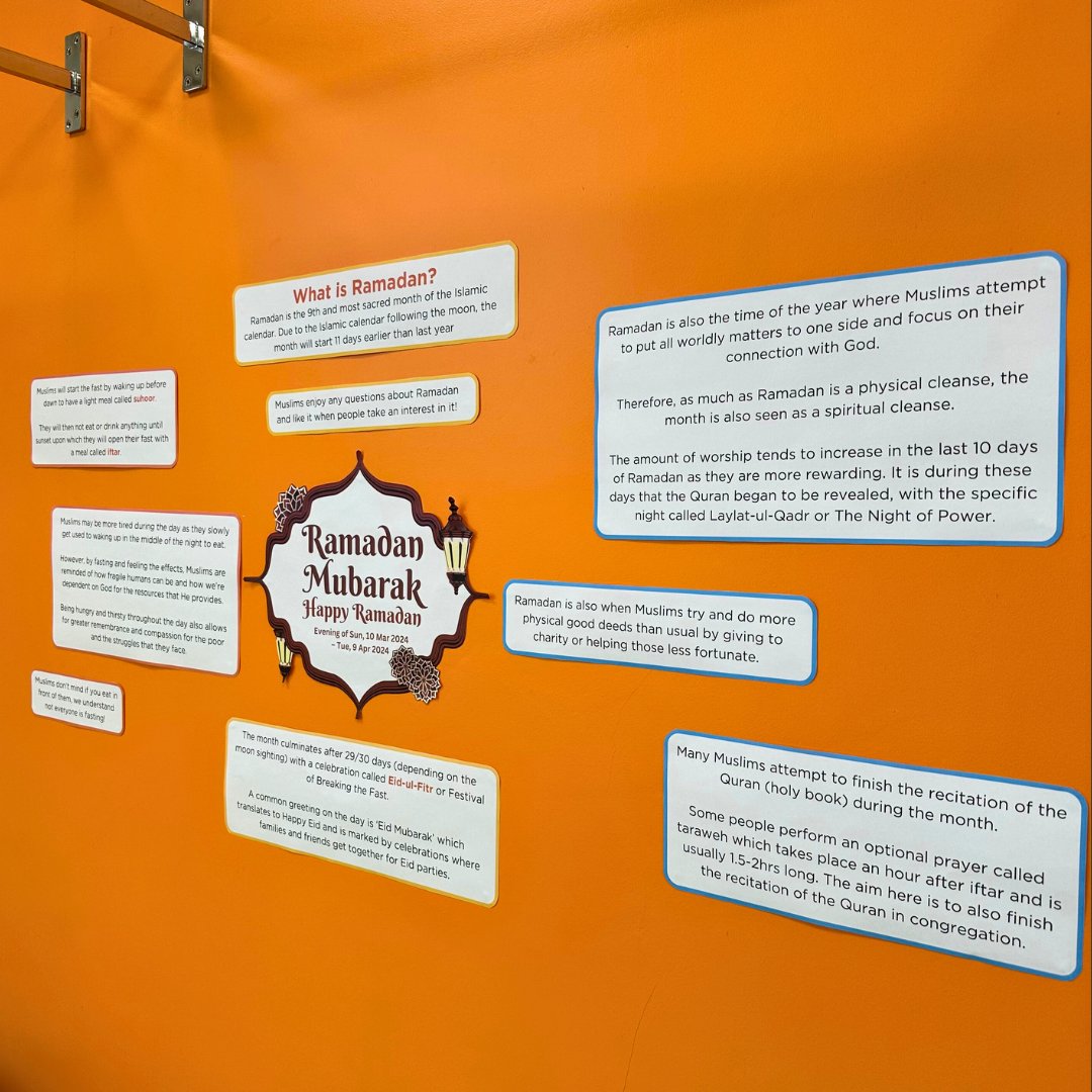 Ramadan Mubarak! Today is the start of Ramadan - the 9th and most sacred month of the Islamic calendar. If you'd like to find out more information about Ramadan, check out the information wall in the Coffee Bar!