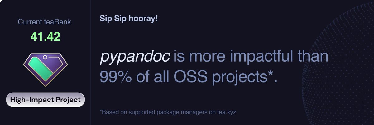 Tea is amazing. Open source sustainability is very important to me, and with tea I think we can get a fair bit to solve it. Also fun fact. pypandoc was the first project on the tea testnet, and I was the first OSS maintainer to sign up. @teaprotocol @mxcl @MawaddaBasir