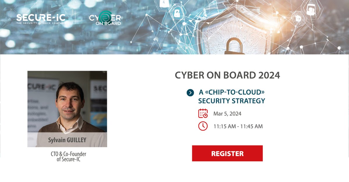 SecureIC's tweet image. 👉 Secure-IC at Cyber On Board 2024!
Sylvain GUILLEY, CTO of Secure-IC, will be speaking on "A Chip-to-Cloud security strategy" at Cyber On Board!
➡️ Register and book a meeting with our team: hubs.ly/Q02mdPyt0 
#cybersecurity #embededsystems #speech